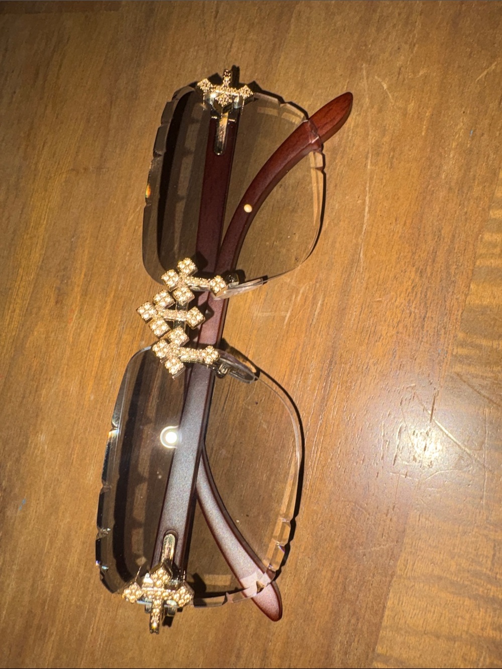 Rhinestone Accent Rimless Brown Sunglasses